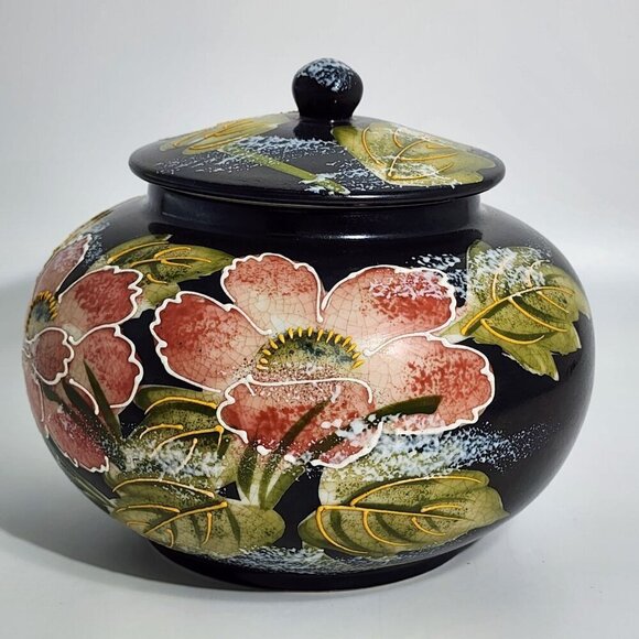 Hand-Painted Black Ceramic Jar Lid Pink & Green Floral Motif Fredrick Cooper - Picture 3 of 12